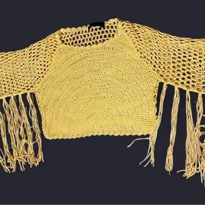 Sunny Yellow Crochet Crop Sweater with Fringe